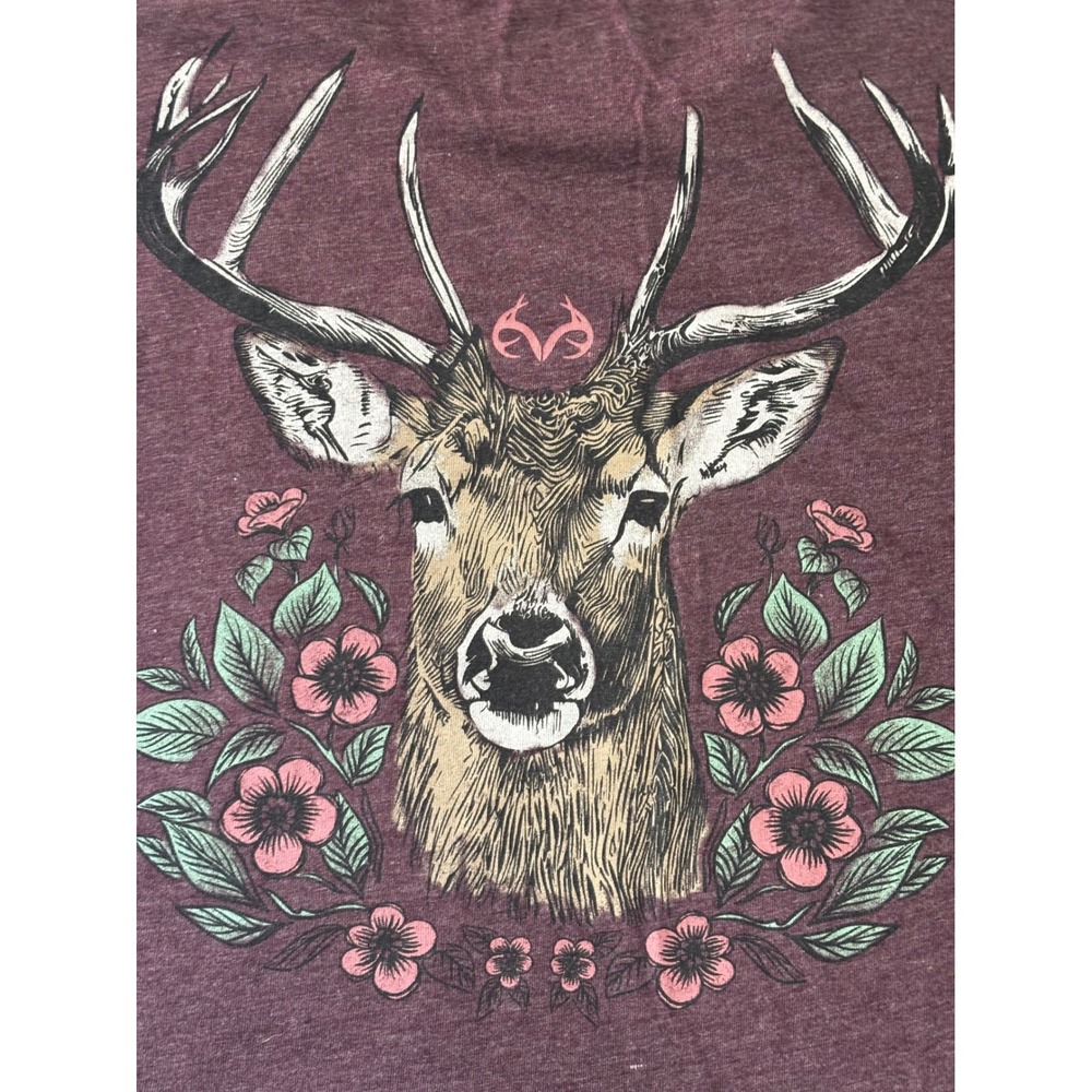 Realtree Long Sleeve Top Women Large Plum Floral Deer Graphic Like New